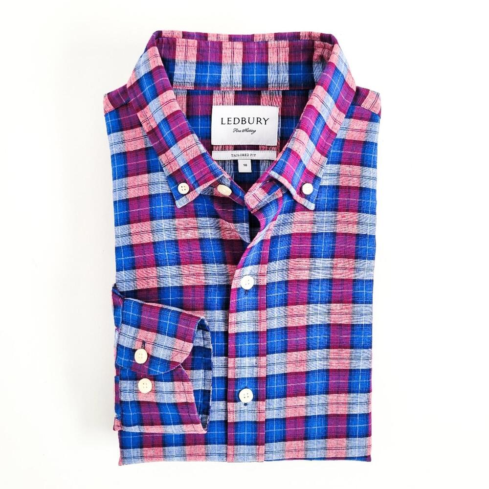 NEW Ledbury Linen Cotton Button Down Shirt Tailored Fit Mens 16 Blue Purple